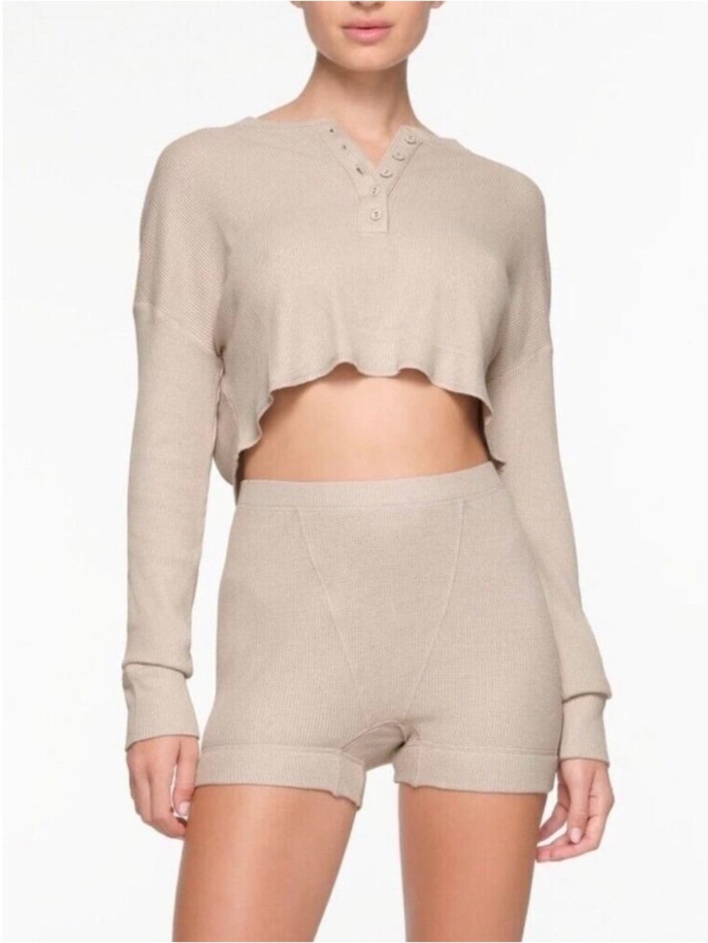 SKIMS Ribbed Henley Long Sleeve Cropped Top Cotton Rib Crop Waffle Shirt Size Sm